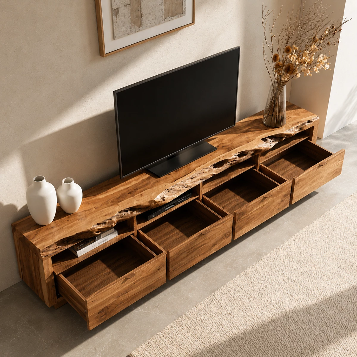 Natural Solid Wood TV Stand with Four Drawers and Open Media Shelves