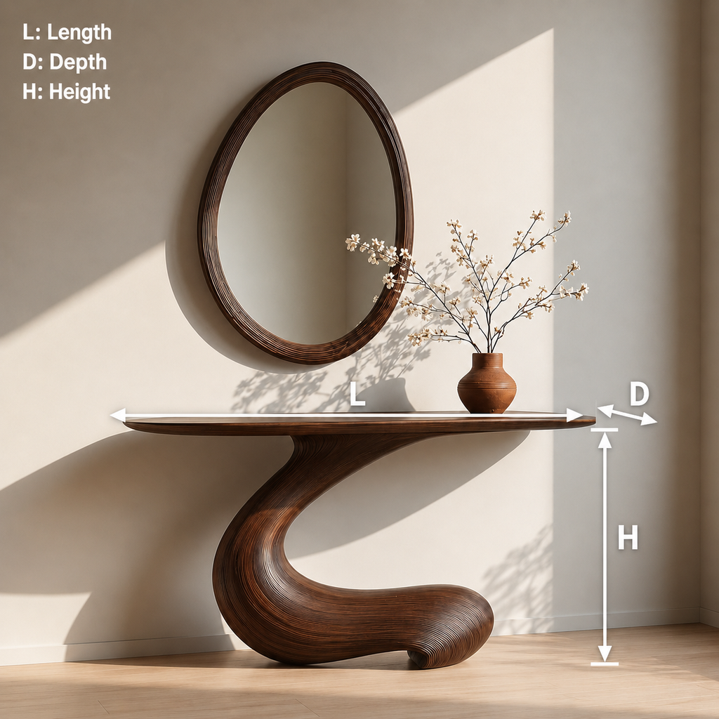 Sculptural Round Base Wood Console Table – Organic Natural Wood Console for Modern Interior