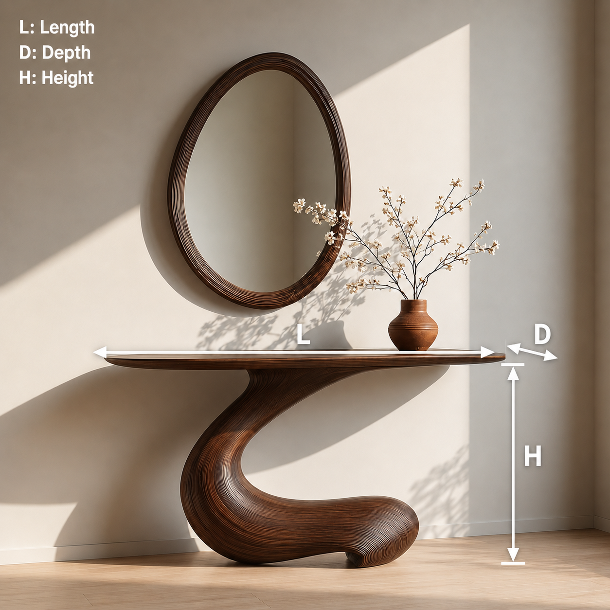Sculptural Round Base Wood Console Table – Organic Natural Wood Console for Modern Interior