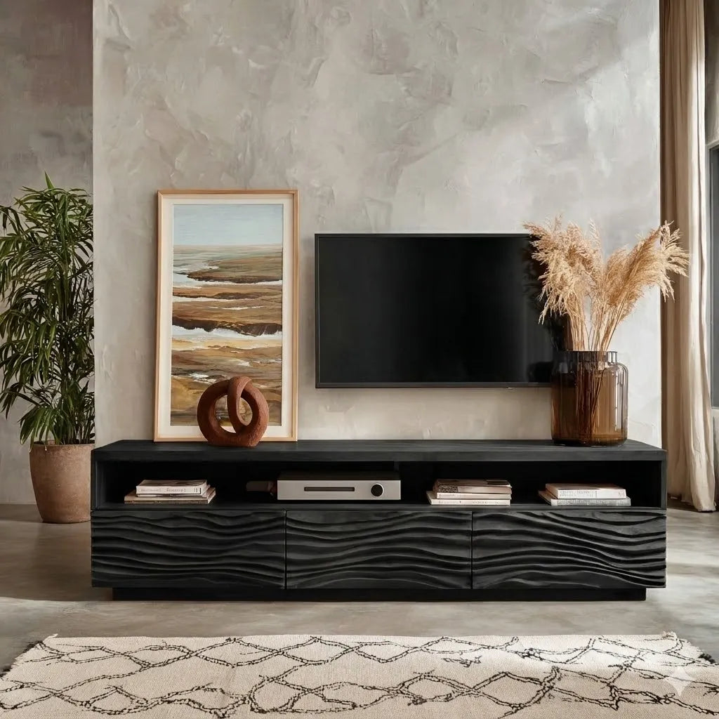Modern Natural Solid Wood TV Stand with Wave Front Cabinet Design
