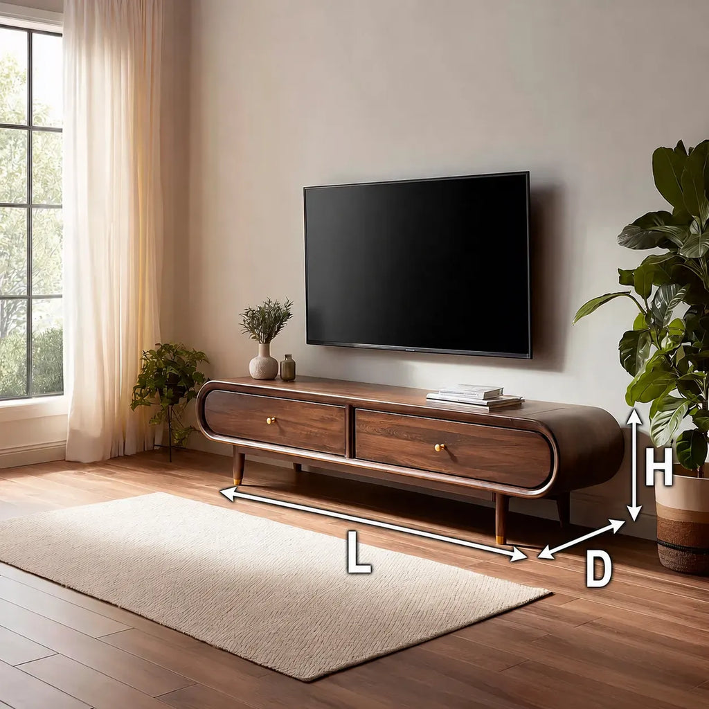 Curved Edge TV Stand with Dual Drawer Storage and Rounded Profile
