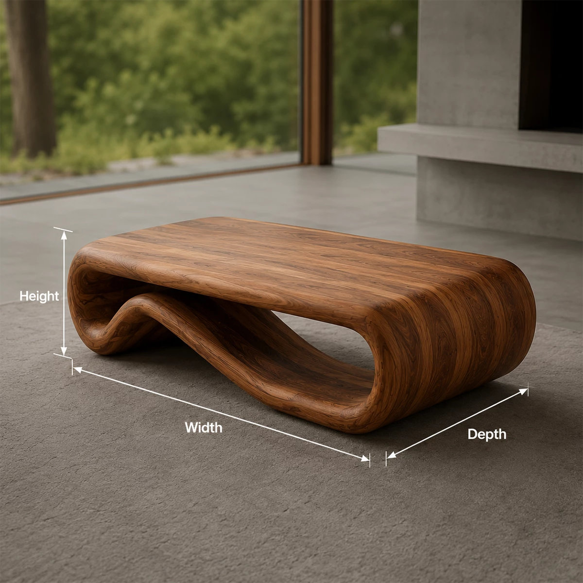 Organic Solid Wood Coffee Table With Curved Waterfall Base And Natural Wood Grain For Modern Living Room