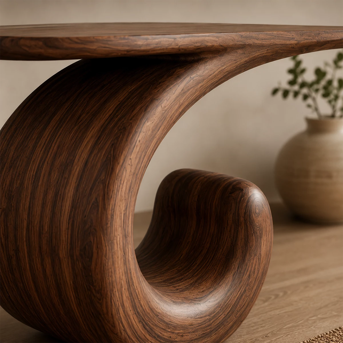 Sculptural Spiral Console Table in Natural Solid Wood