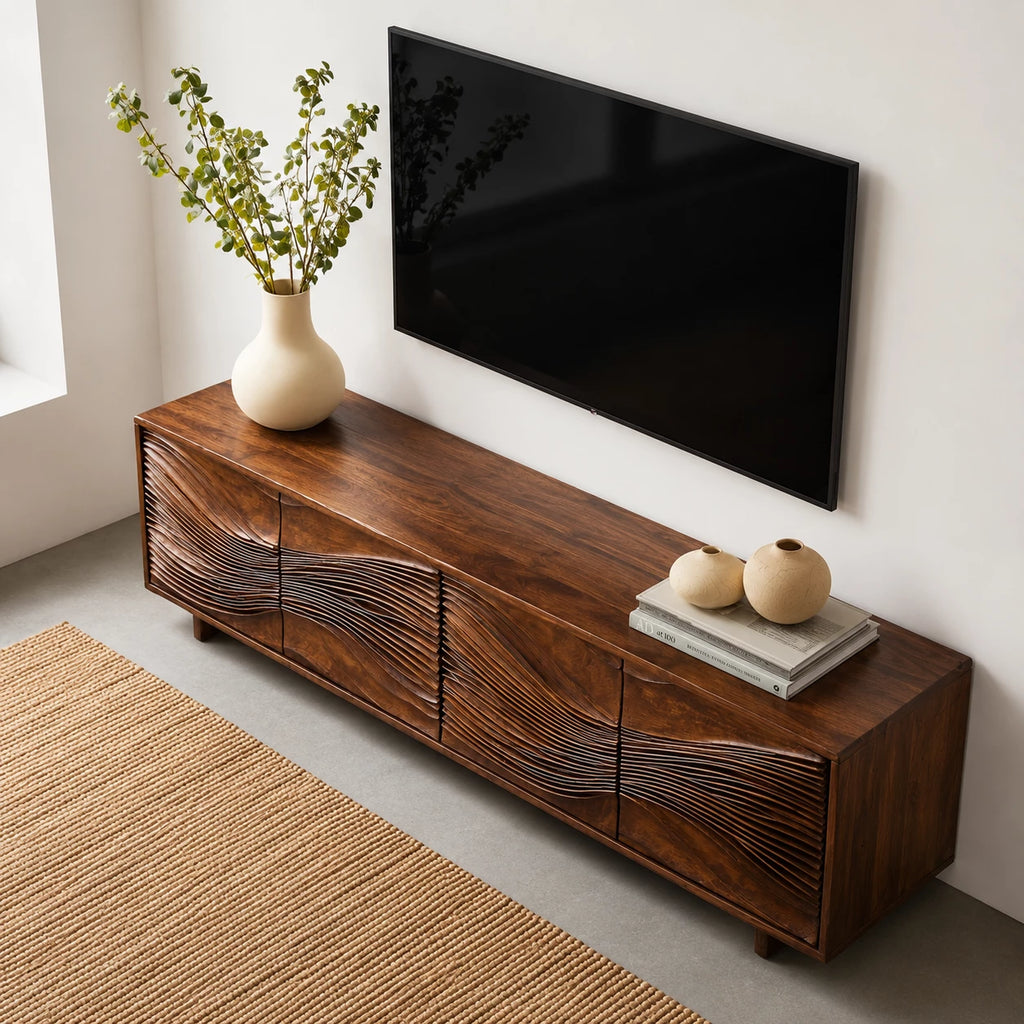 Carved Wave Natural Solid Wood TV Stand with Four Door Storage