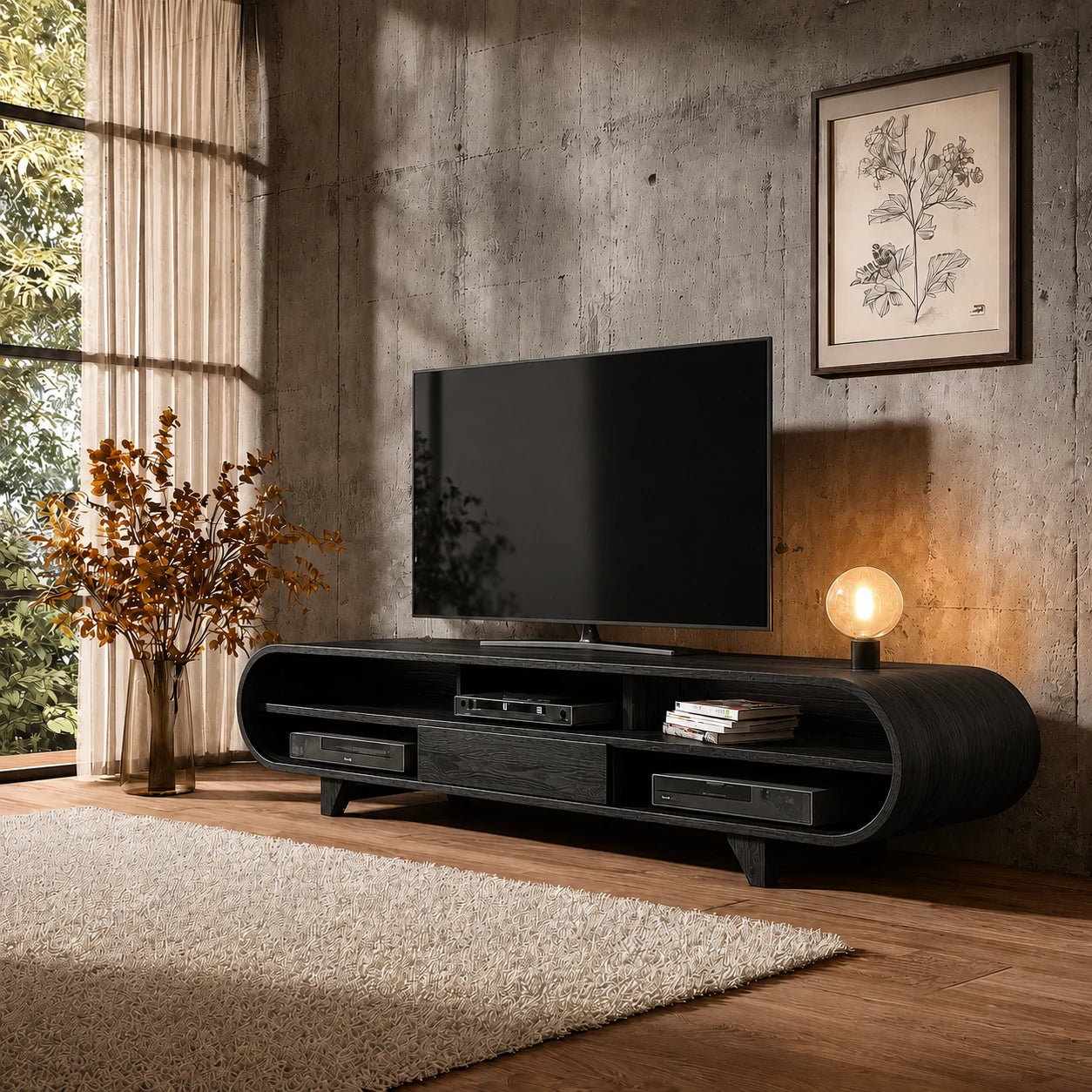 Rounded Edge Natural Solid Wood TV Stand with Open Media Storage