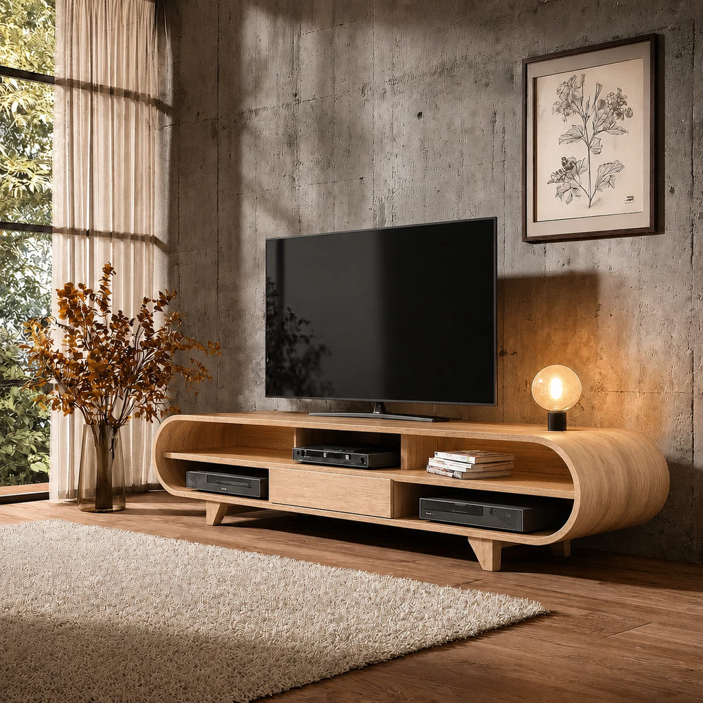 Rounded Edge Natural Solid Wood TV Stand with Open Media Storage