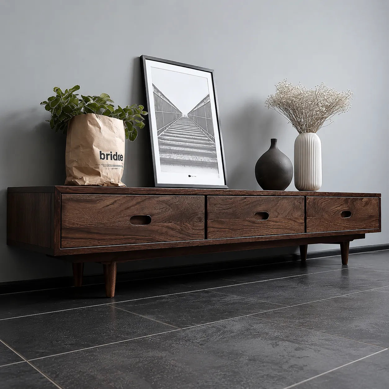 Scandinavian Natural Solid Wood TV Stand with Three Drawer Storage