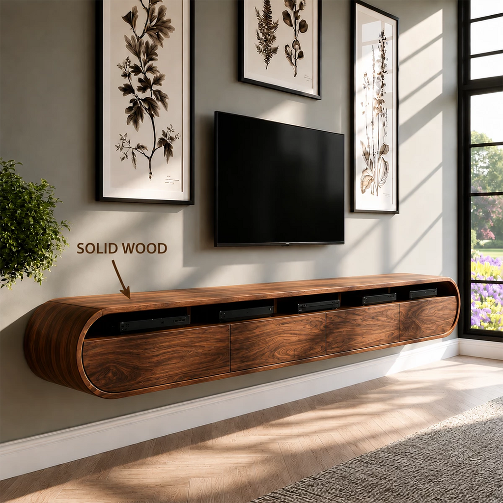 Natural Solid Wood Floating TV Stand Rounded Contemporary Style