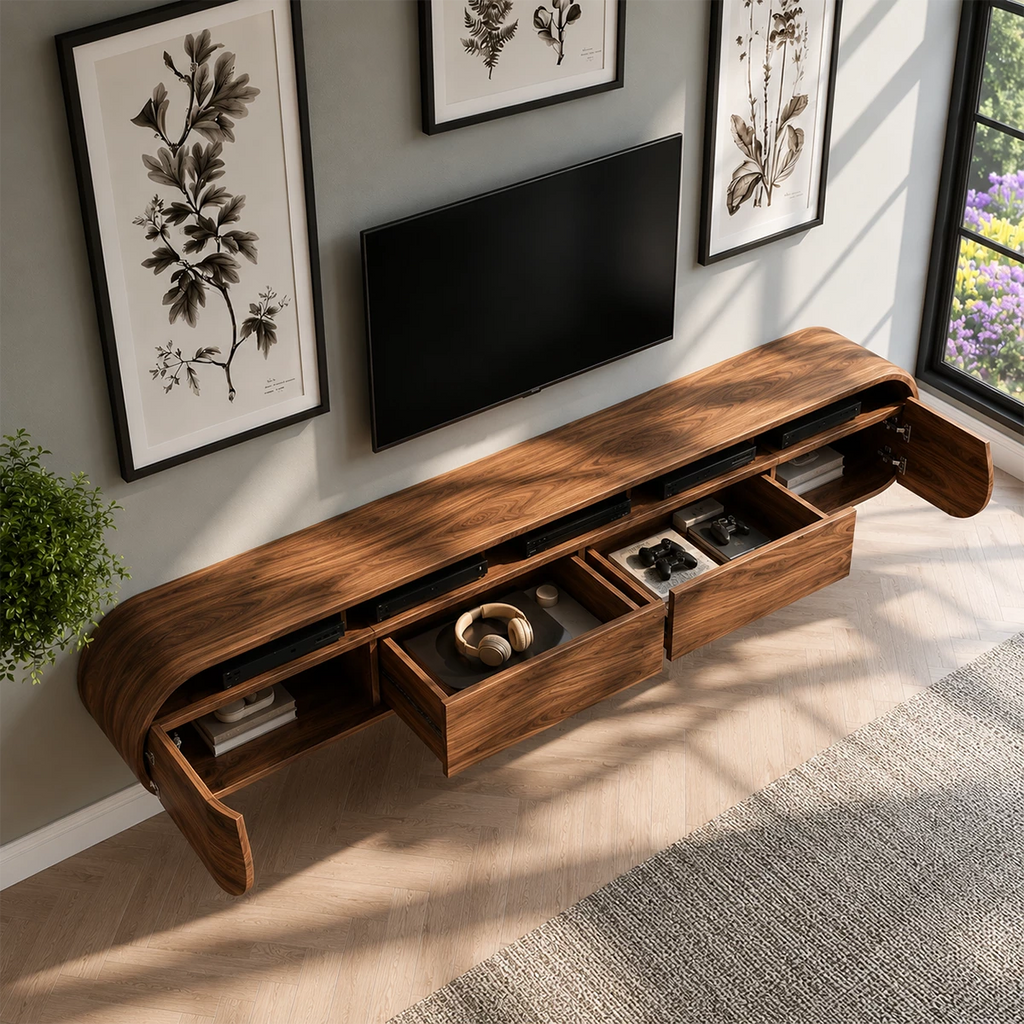 Natural Solid Wood Floating TV Stand Rounded Contemporary Style