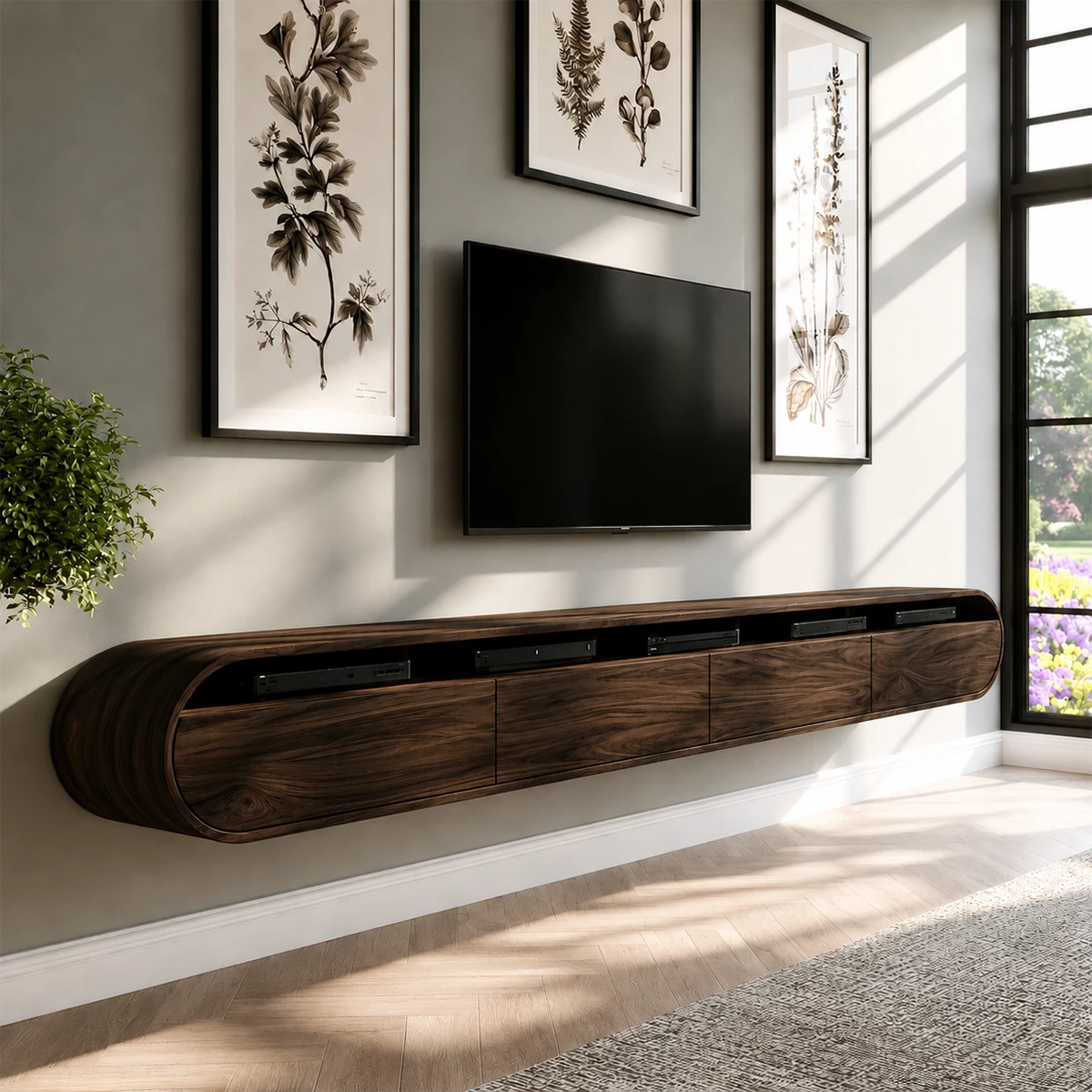 Natural Solid Wood Floating TV Stand Rounded Contemporary Style