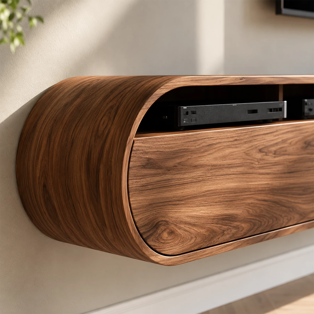 Natural Solid Wood Floating TV Stand Rounded Contemporary Style