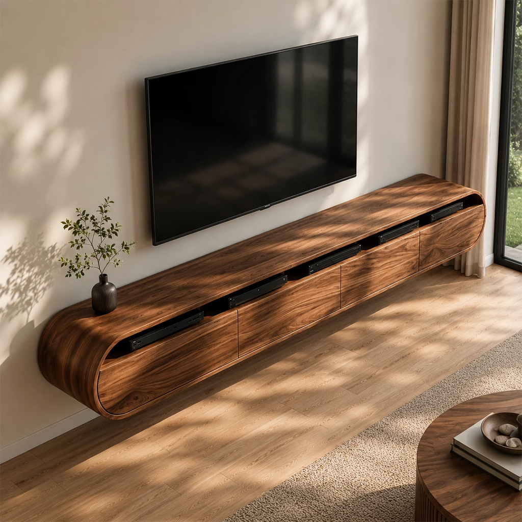 Natural Solid Wood Floating TV Stand Rounded Contemporary Style
