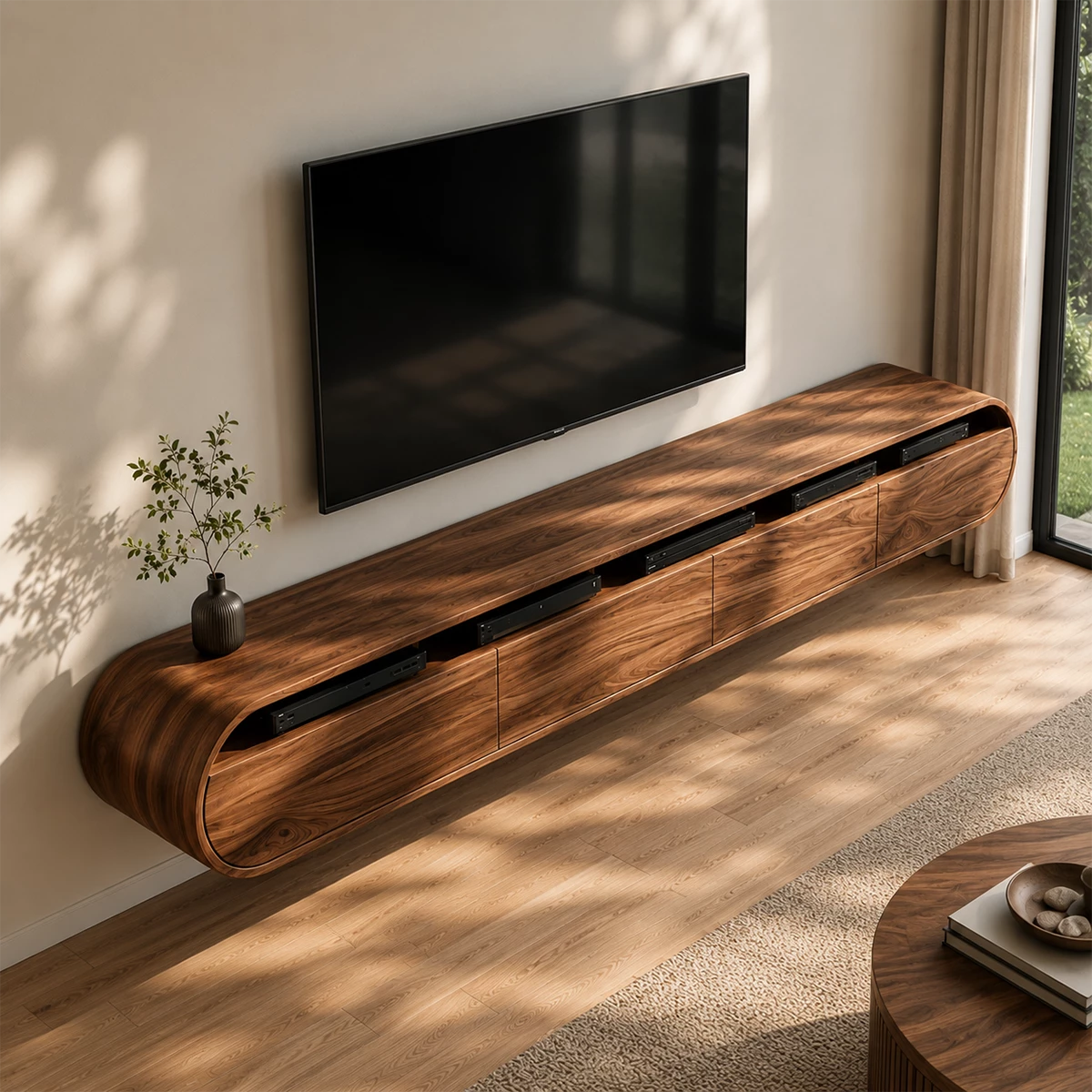 Natural Solid Wood Floating TV Stand Rounded Contemporary Style