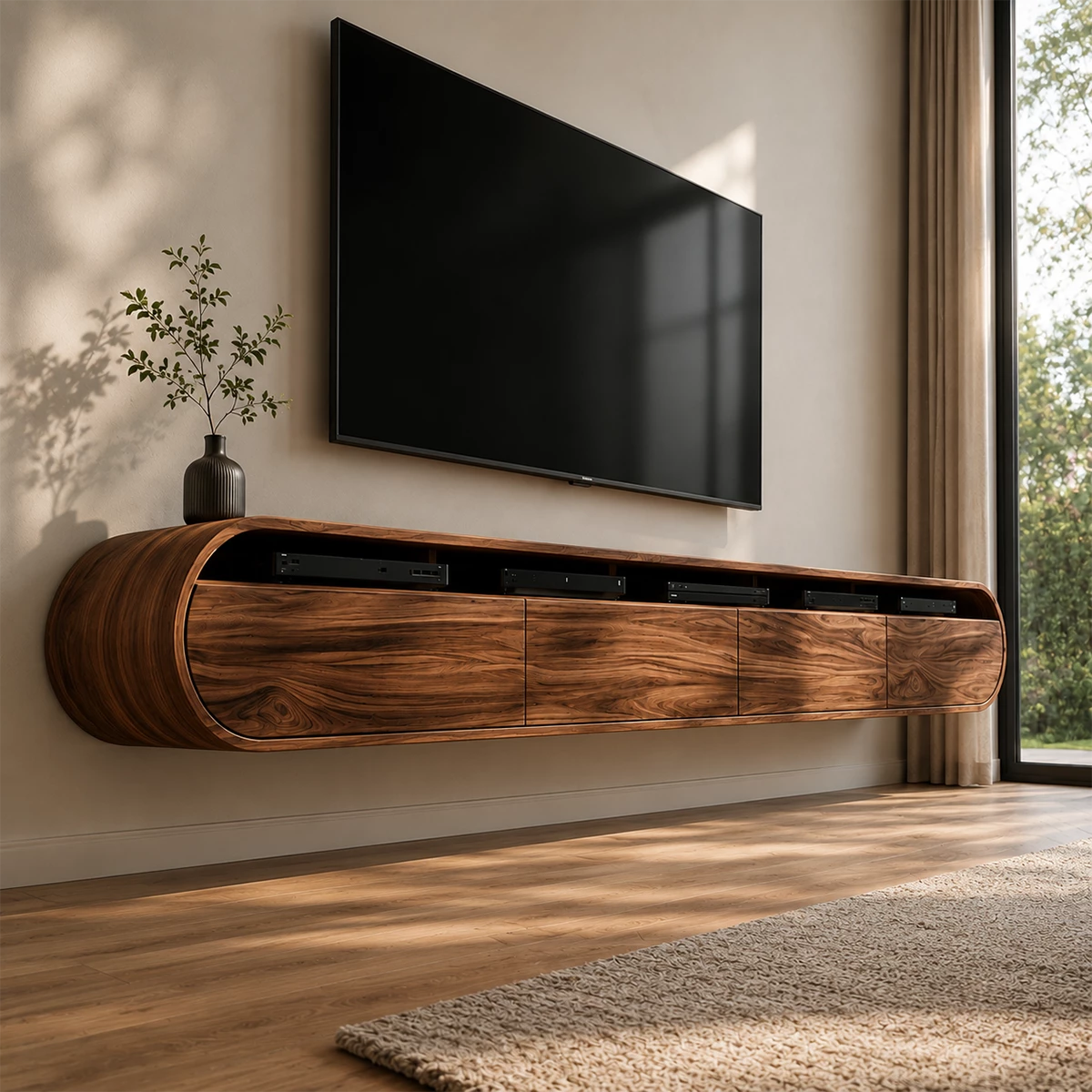 Natural Solid Wood Floating TV Stand Rounded Contemporary Style