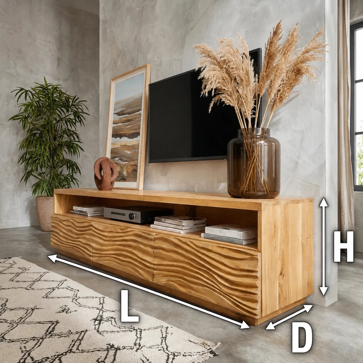 Modern Natural Solid Wood TV Stand with Wave Front Cabinet Design