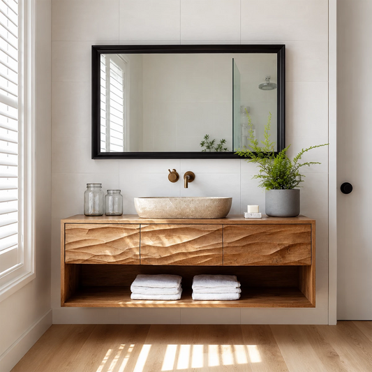 Floating Bathroom Vanity with Hand-Carved Wave Drawers in Natural Solid Wood - Echotimber