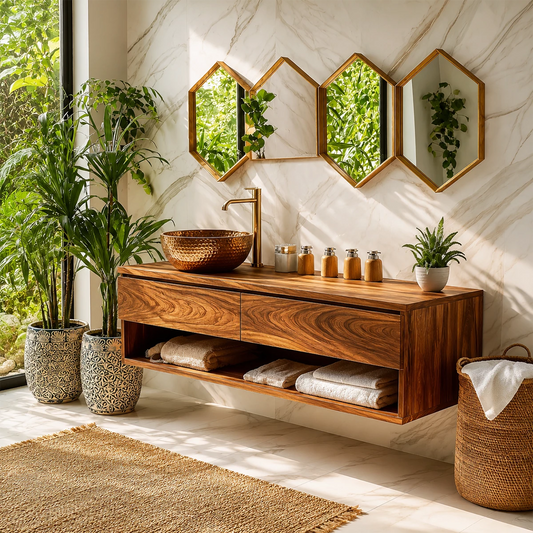 Floating Bathroom Vanity with Open Shelf and Dual Drawers in Natural Solid Wood - Echotimber