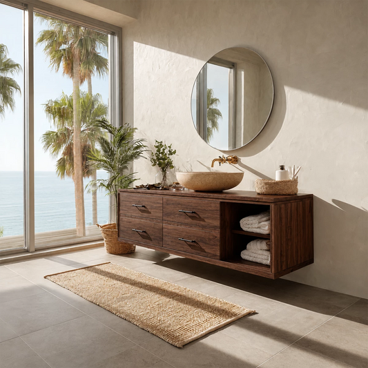 Floating Bathroom Vanity with Open Shelf and Four Drawers in Natural Solid Wood - Echotimber