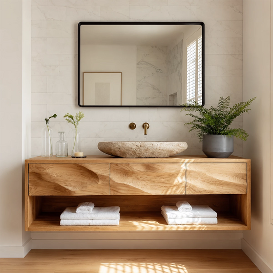 Floating Bathroom Vanity with Sculpted Drawer Fronts in Natural Solid Wood - Echotimber