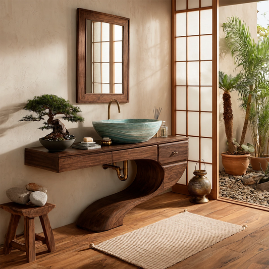 Floating Bathroom Vanity with Sculptural S-Curve Base in Natural Solid Wood - Echotimber