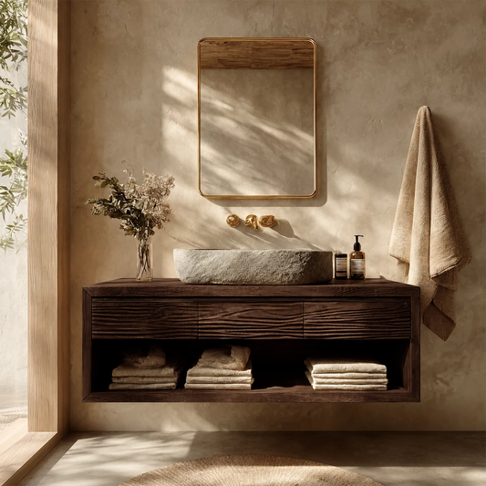 Floating Bathroom Vanity with Textured Wood Drawers and Open Shelf in Natural Solid Wood - Echotimber