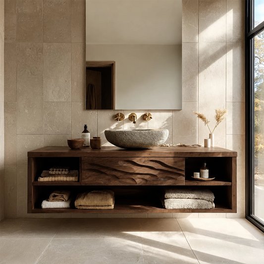 Floating Bathroom Vanity with Wave-Carved Drawer in Natural Solid Wood - Echotimber