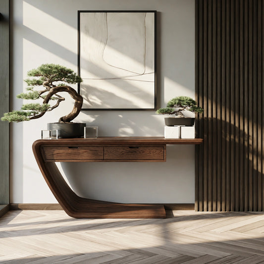Floating Curve Natural Solid Wood Console Table with Dual Drawers - Echotimber