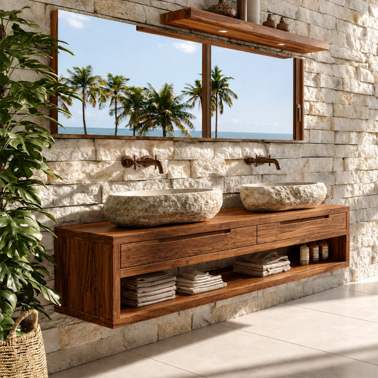 Floating Double Bathroom Vanity With Natural Solid Wood Storage - Echotimber