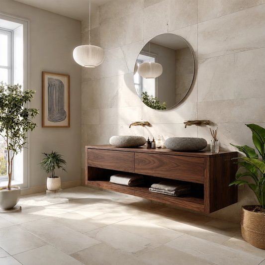Floating Double Sink Solid Wood Bathroom Vanity with Open Shelf Storage - Echotimber