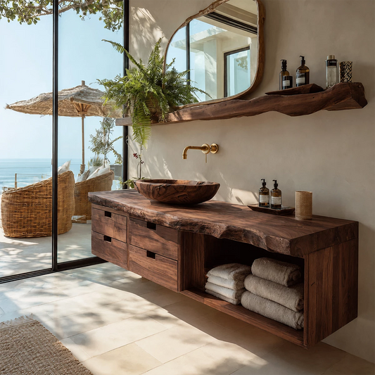 Floating Live Edge Solid Wood Bathroom Vanity with Four Drawers and Open Shelf - Echotimber
