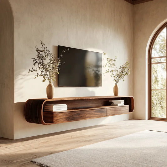 Floating Natural Solid Wood TV Stand with Curved Open Shelf Storage - Echotimber