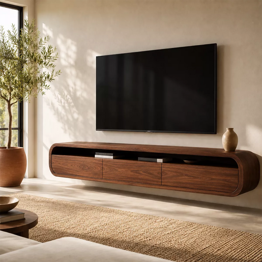 Floating Rounded Solid Wood TV Stand With Open Media Shelf And Hidden Drawer Storage For Living Room - Echotimber