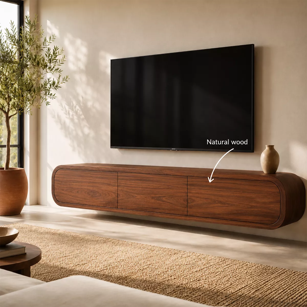 Floating Rounded Solid Wood TV Stand With Open Media Shelf And Hidden Drawer Storage For Living Room - Livewoodcraft - 10
