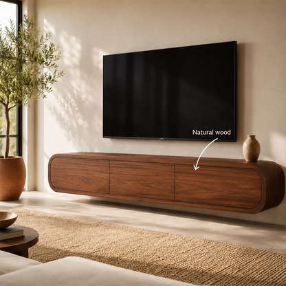 Floating Rounded Solid Wood TV Stand With Open Media Shelf And Hidden Drawer Storage For Living Room - Livewoodcraft - 10