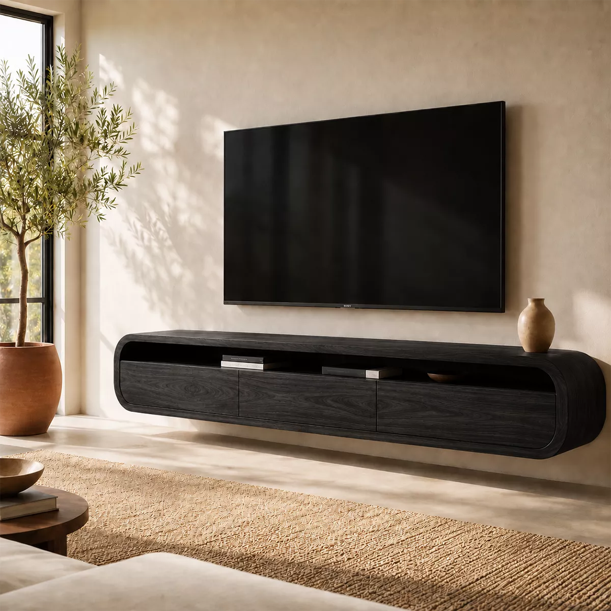 Floating Rounded Solid Wood TV Stand With Open Media Shelf And Hidden Drawer Storage For Living Room - Livewoodcraft - 2