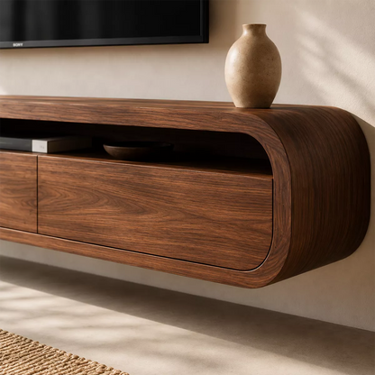 Floating Rounded Solid Wood TV Stand With Open Media Shelf And Hidden Drawer Storage For Living Room - Livewoodcraft - 3