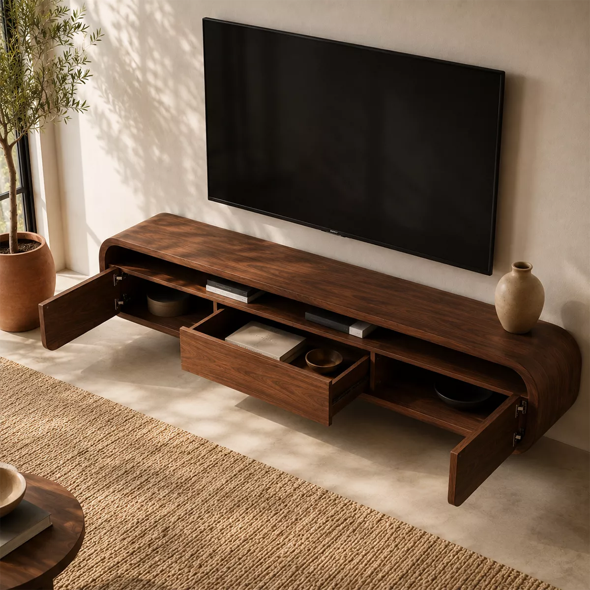 Floating Rounded Solid Wood TV Stand With Open Media Shelf And Hidden Drawer Storage For Living Room - Livewoodcraft - 4