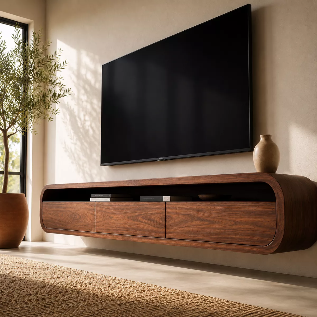 Floating Rounded Solid Wood TV Stand With Open Media Shelf And Hidden Drawer Storage For Living Room - Livewoodcraft - 5