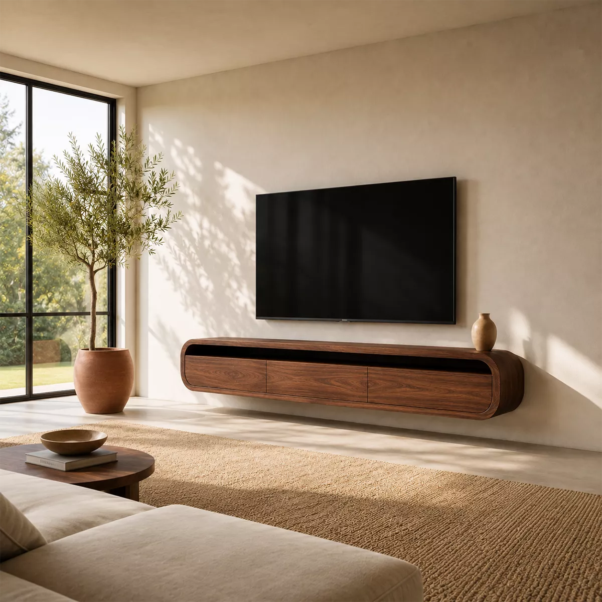 Floating Rounded Solid Wood TV Stand With Open Media Shelf And Hidden Drawer Storage For Living Room - Livewoodcraft - 6
