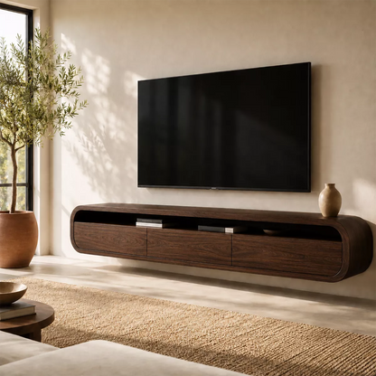 Floating Rounded Solid Wood TV Stand With Open Media Shelf And Hidden Drawer Storage For Living Room - Livewoodcraft - 7