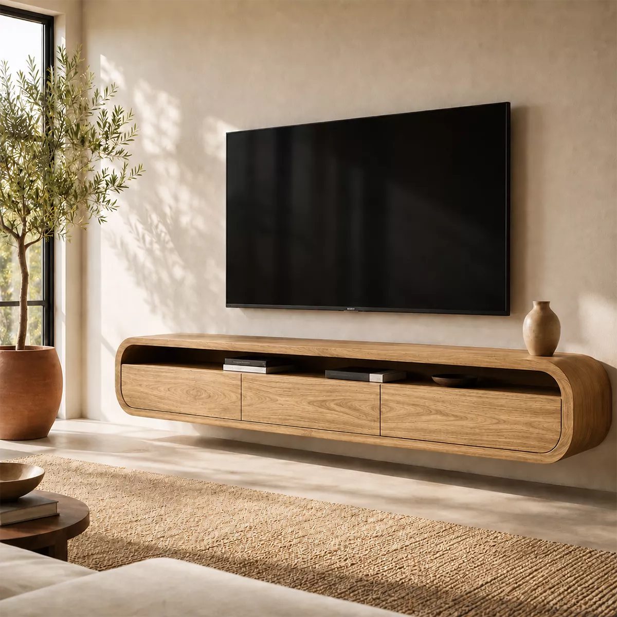 Floating Rounded Solid Wood TV Stand With Open Media Shelf And Hidden Drawer Storage For Living Room - Livewoodcraft - 8