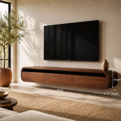 Floating Rounded Solid Wood TV Stand With Open Media Shelf And Hidden Drawer Storage For Living Room - Livewoodcraft - 9
