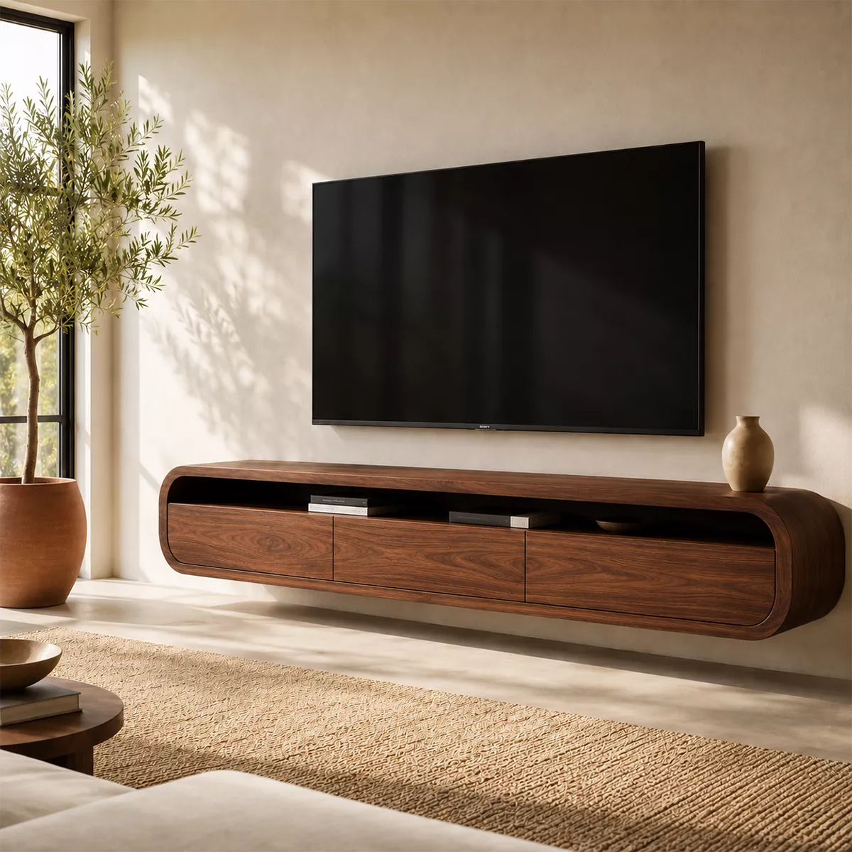 Floating Rounded Solid Wood TV Stand With Open Media Shelf And Hidden Drawer Storage For Living Room - Livewoodcraft