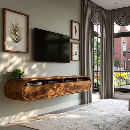 Floating Sculptural Solid Wood TV Stand With Rounded Capsule Frame And Open Media Storage For Modern Living Room - Echotimber