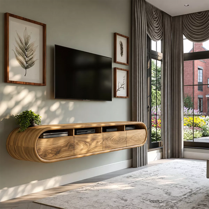 Floating Sculptural Solid Wood TV Stand With Rounded Capsule Frame And Open Media Storage For Modern Living Room - Livewoodcraft - 2