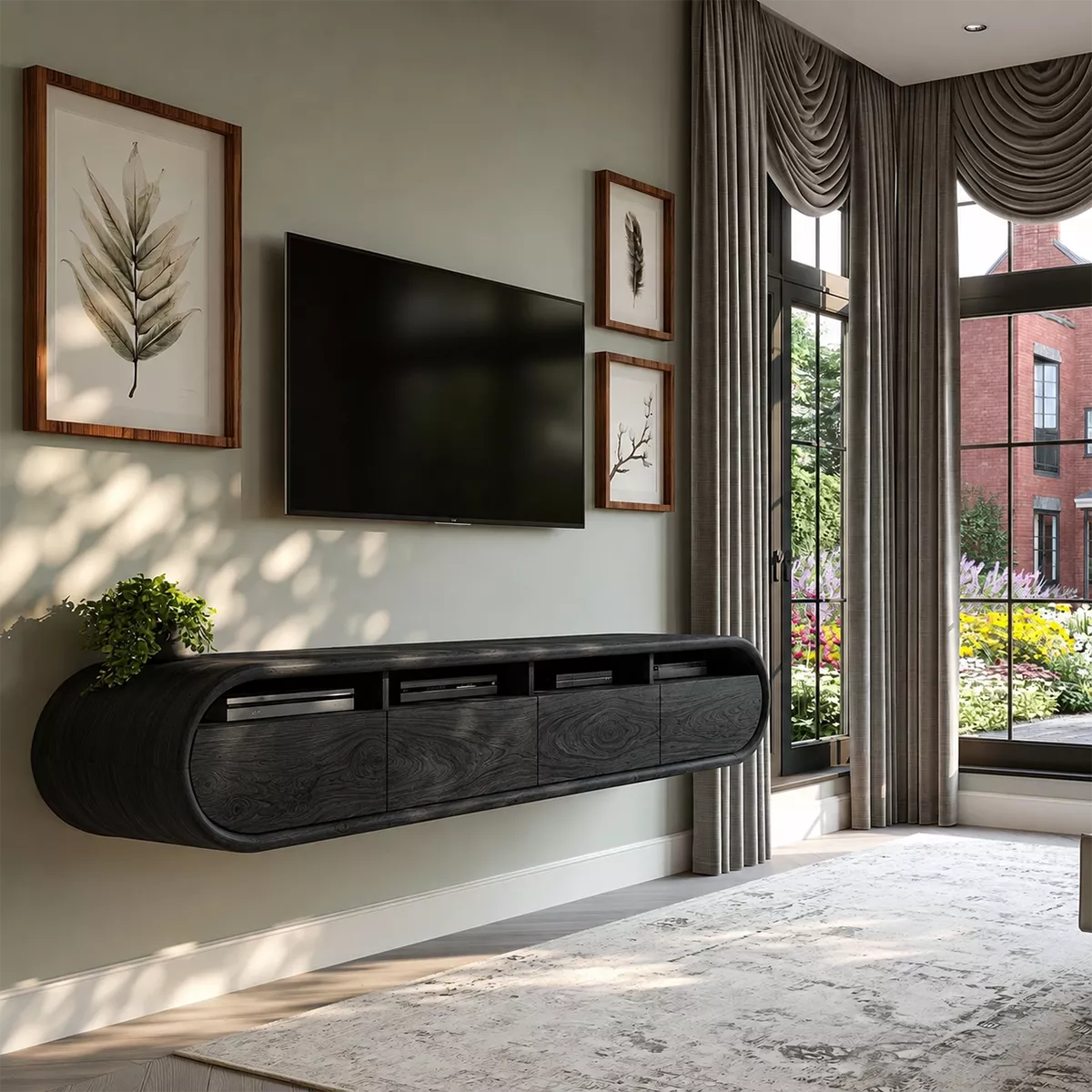 Floating Sculptural Solid Wood TV Stand With Rounded Capsule Frame And Open Media Storage For Modern Living Room - Livewoodcraft - 3