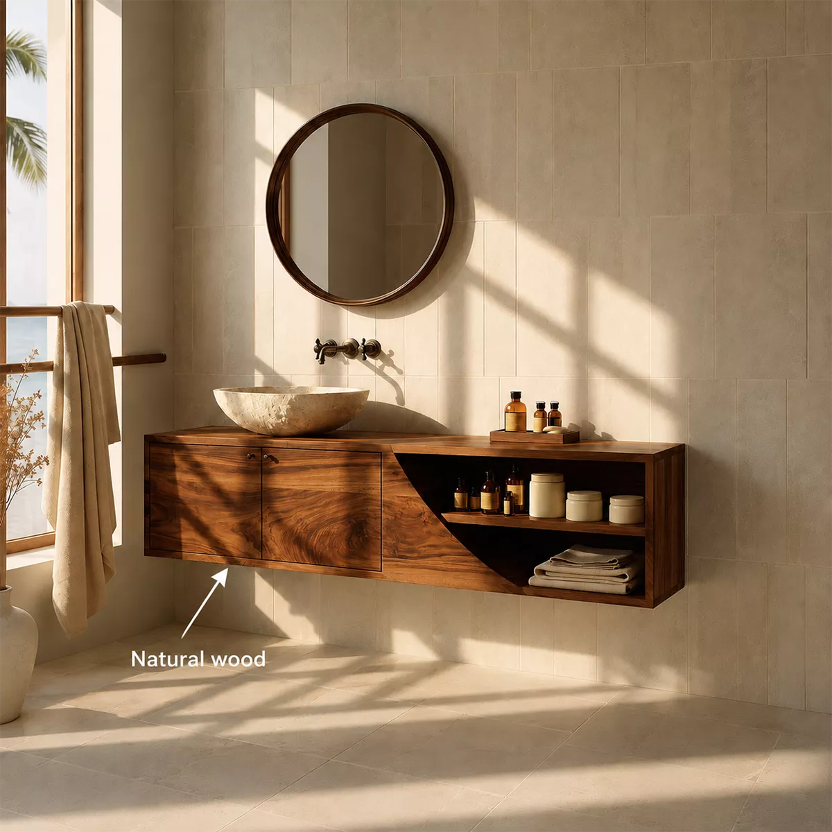 Floating Solid Wood Bathroom Vanity With Asymmetrical Open Shelf And Hidden Cabinet Storage - Livewoodcraft - 11
