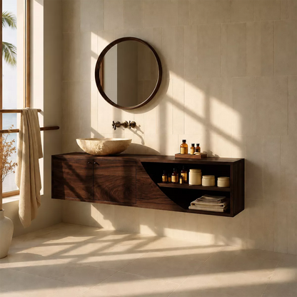 Floating Solid Wood Bathroom Vanity With Asymmetrical Open Shelf And Hidden Cabinet Storage - Livewoodcraft - 2