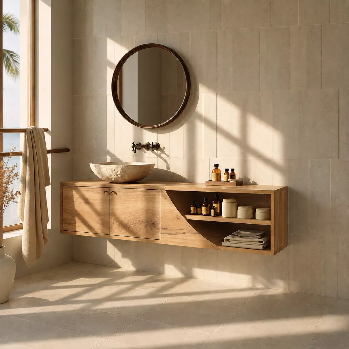 Floating Solid Wood Bathroom Vanity With Asymmetrical Open Shelf And Hidden Cabinet Storage - Livewoodcraft - 3