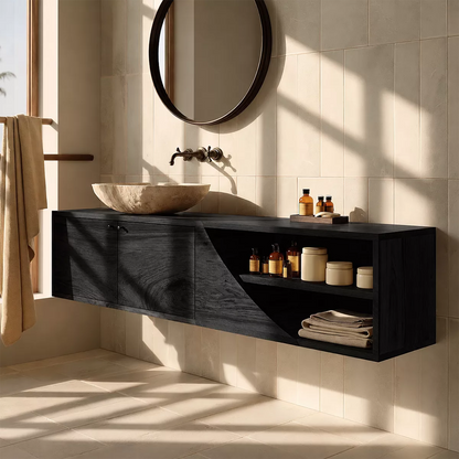 Floating Solid Wood Bathroom Vanity With Asymmetrical Open Shelf And Hidden Cabinet Storage - Livewoodcraft - 4